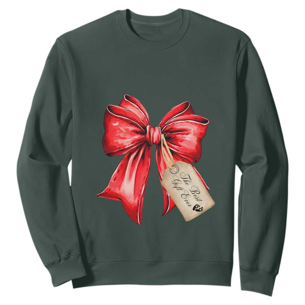 Christmas Pregnancy Announcement Sweatshirt Coquette Bow Xmas Maternity Gift TS10 Dark Forest Green Print Your Wear