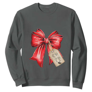 Christmas Pregnancy Announcement Sweatshirt Coquette Bow Xmas Maternity Gift TS10 Dark Heather Print Your Wear