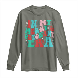 Christmas Pregnancy Announcement Long Sleeve Shirt Merry & Pregnant Era Cute Groovy Christmas Holiday Xmas TS10 Military Green Print Your Wear