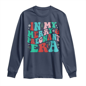 Christmas Pregnancy Announcement Long Sleeve Shirt Merry & Pregnant Era Cute Groovy Christmas Holiday Xmas TS10 Navy Print Your Wear