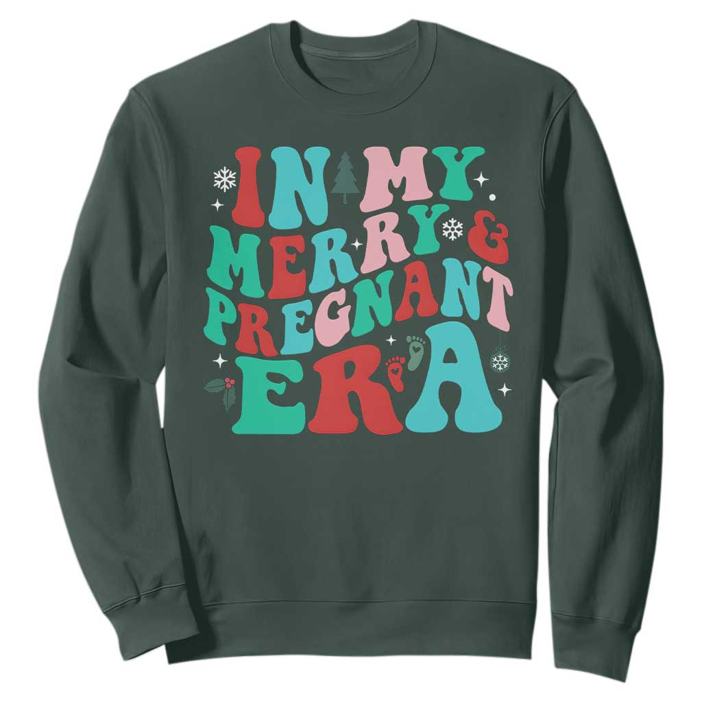 Christmas Pregnancy Announcement Sweatshirt Merry & Pregnant Era Cute Groovy Christmas Holiday Xmas TS10 Dark Forest Green Print Your Wear