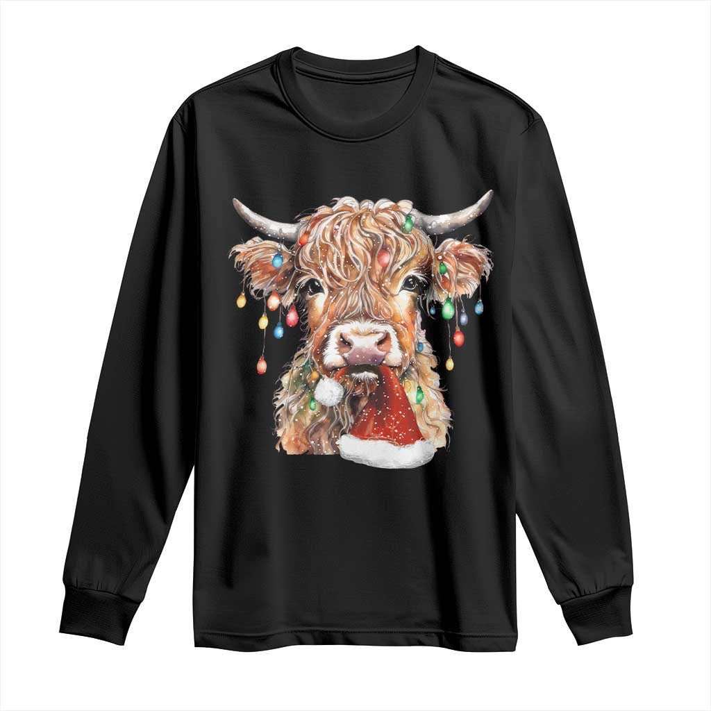 Christmas Cow Long Sleeve Shirt Highland Cow Lights Santa Hats Farm Xmas TS10 Black Print Your Wear