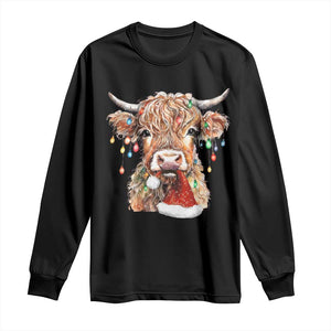 Christmas Cow Long Sleeve Shirt Highland Cow Lights Santa Hats Farm Xmas TS10 Black Print Your Wear