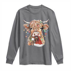 Christmas Cow Long Sleeve Shirt Highland Cow Lights Santa Hats Farm Xmas TS10 Charcoal Print Your Wear