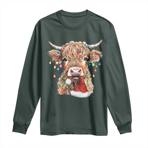 Christmas Cow Long Sleeve Shirt Highland Cow Lights Santa Hats Farm Xmas TS10 Dark Forest Green Print Your Wear