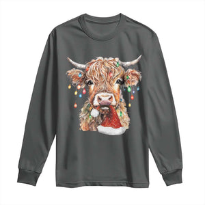 Christmas Cow Long Sleeve Shirt Highland Cow Lights Santa Hats Farm Xmas TS10 Dark Heather Print Your Wear