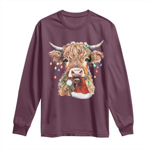 Christmas Cow Long Sleeve Shirt Highland Cow Lights Santa Hats Farm Xmas TS10 Maroon Print Your Wear