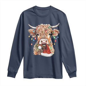 Christmas Cow Long Sleeve Shirt Highland Cow Lights Santa Hats Farm Xmas TS10 Navy Print Your Wear