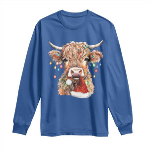 Christmas Cow Long Sleeve Shirt Highland Cow Lights Santa Hats Farm Xmas TS10 Royal Blue Print Your Wear