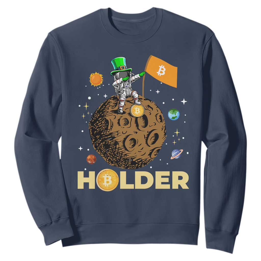 St Patricks Day Bitcoin Astronaut Sweatshirt Lucky Shamrock Leprechaun BTC Crypto To The Moon TS10 Navy Print Your Wear