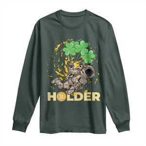 St Patricks Day Bitcoin Astronaut Long Sleeve Shirt Lucky Shamrock Leprechaun BTC Crypto Holder TS10 Dark Forest Green Print Your Wear