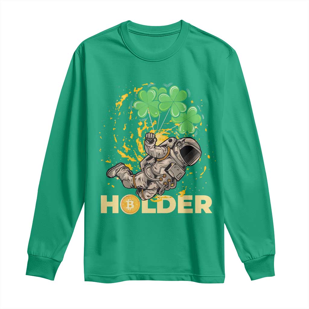 St Patricks Day Bitcoin Astronaut Long Sleeve Shirt Lucky Shamrock Leprechaun BTC Crypto Holder TS10 Irish Green Print Your Wear