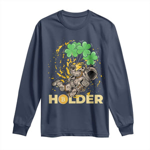 St Patricks Day Bitcoin Astronaut Long Sleeve Shirt Lucky Shamrock Leprechaun BTC Crypto Holder TS10 Navy Print Your Wear