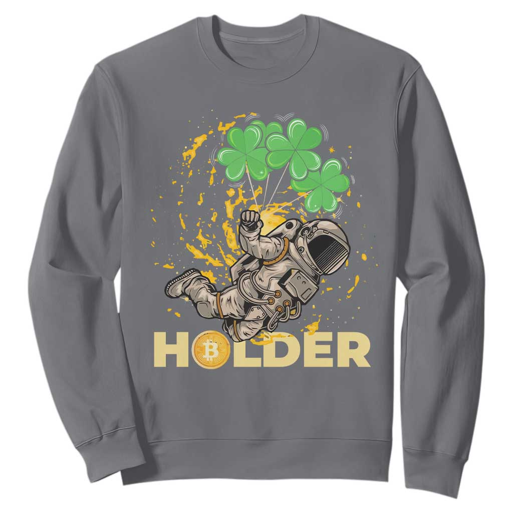 St Patricks Day Bitcoin Astronaut Sweatshirt Lucky Shamrock Leprechaun BTC Crypto Holder TS10 Charcoal Print Your Wear