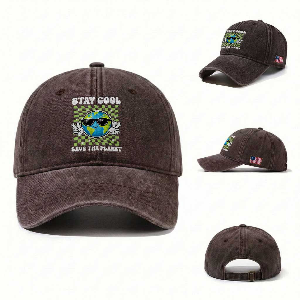 Groovy Earth Day Save The Planet Washed Cotton Baseball Cap TS10 Washed Cap Universal Fit Dark Brown Print Your Wear