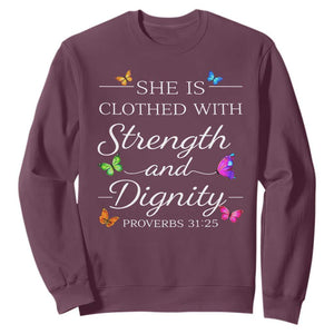Christian Jesus Sweatshirt Strength Dignity Encouraging Bible Verse Proverb Butterfly Art TS10 Maroon Print Your Wear