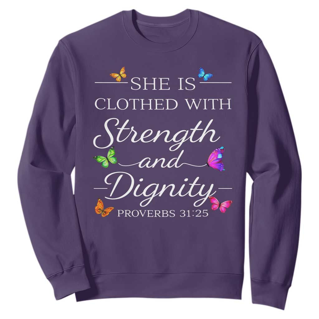 Christian Jesus Sweatshirt Strength Dignity Encouraging Bible Verse Proverb Butterfly Art TS10 Purple Print Your Wear