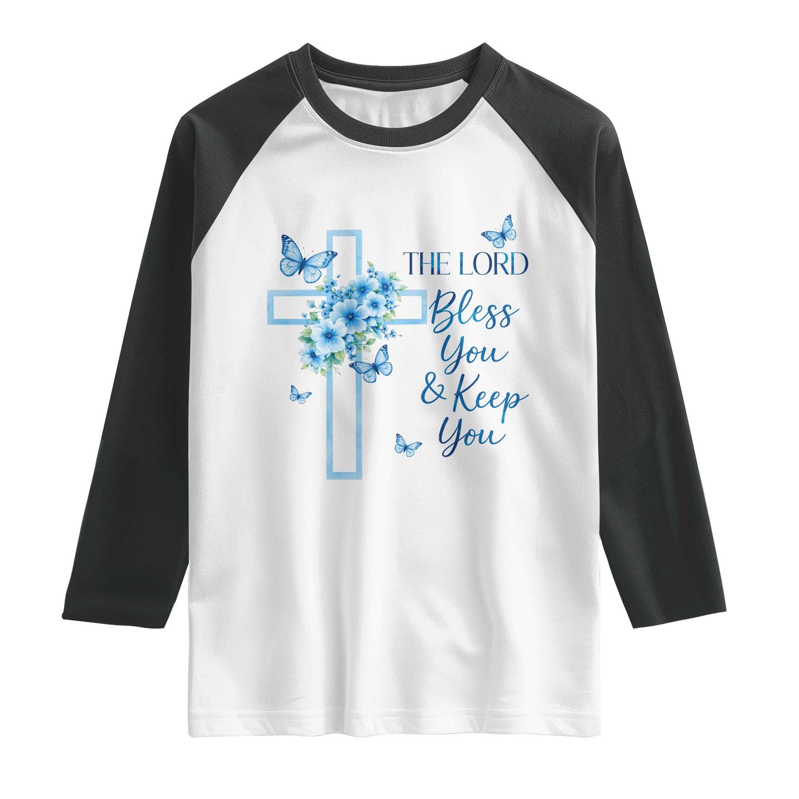 Christian Jesus Raglan Shirt The Lord Bless You Encouraging Bible Verse Butterfly Art TS10 White Black Print Your Wear