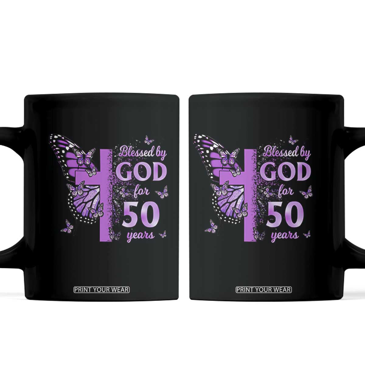 50th Birthday Gifts For Her Coffee Mug Blessed By God For 50 Years Christian Butterfly Cross TS10 Black Print Your Wear