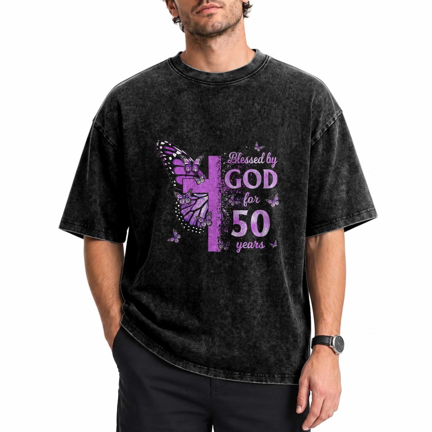 50th Birthday Gifts For Her Washed Cotton T-Shirt Blessed By God For 50 Years Christian Butterfly Cross