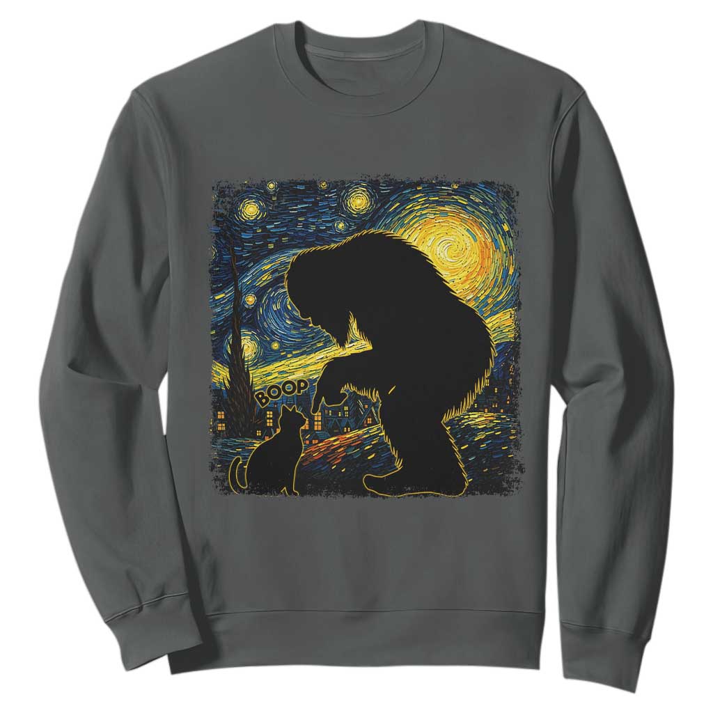Fun Hand Boop Nose Bigfoot Cat Sweatshirt Sasquatch Starry Night Van Gogh TS10 Dark Heather Print Your Wear