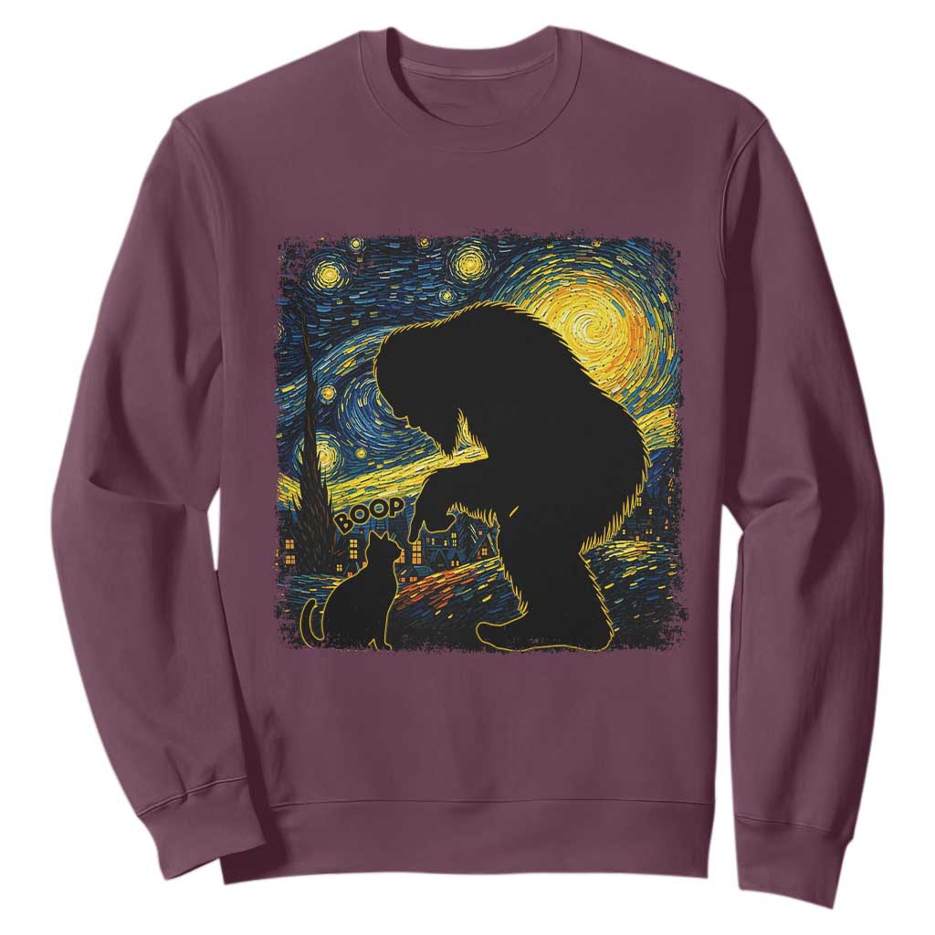Fun Hand Boop Nose Bigfoot Cat Sweatshirt Sasquatch Starry Night Van Gogh TS10 Maroon Print Your Wear