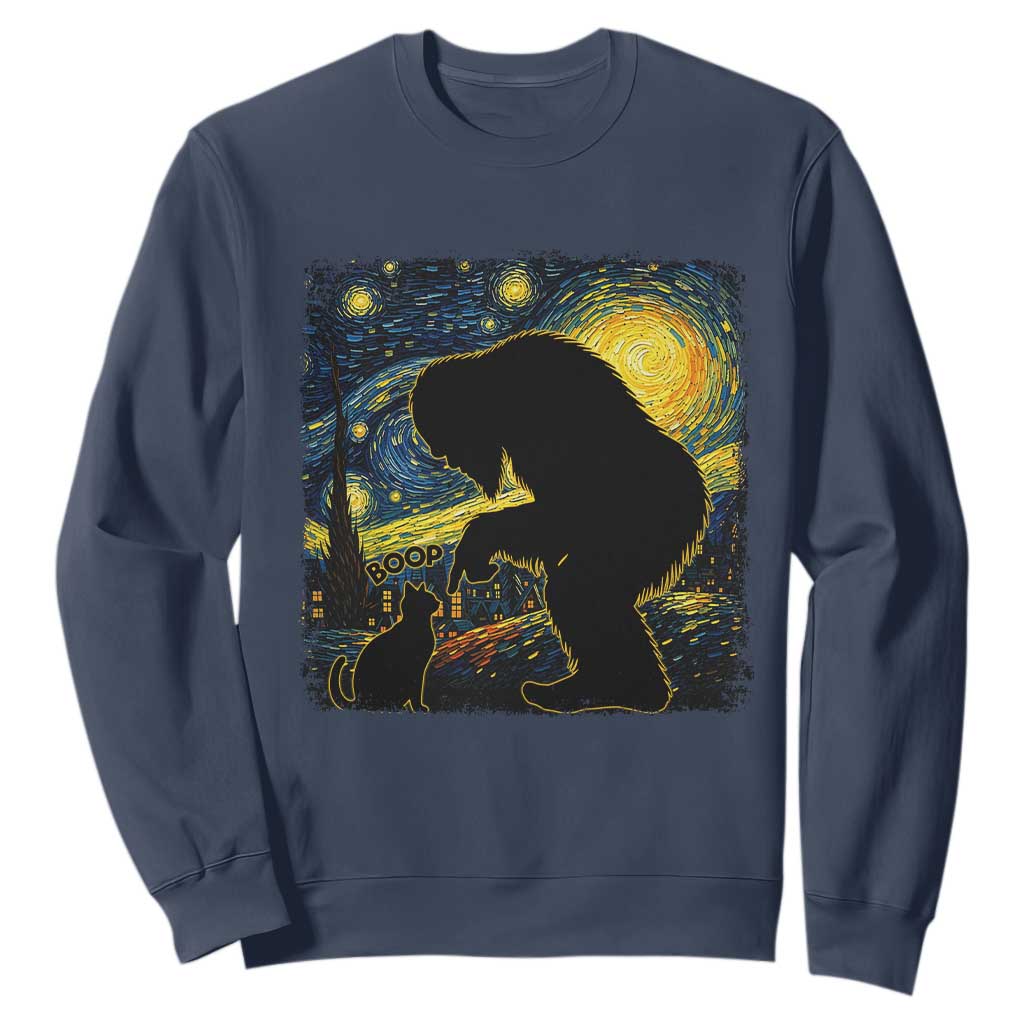 Fun Hand Boop Nose Bigfoot Cat Sweatshirt Sasquatch Starry Night Van Gogh TS10 Navy Print Your Wear