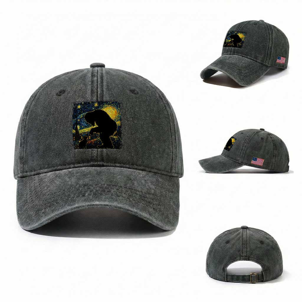 Fun Hand Boop Nose Bigfoot Cat Washed Cotton Baseball Cap Sasquatch Starry Night Van Gogh TS10 Washed Cap Universal Fit Dark Green Print Your Wear