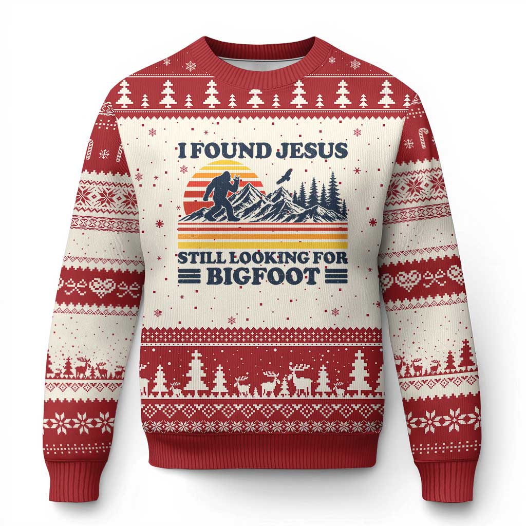 Retro I Found Jesus Still Looking For Bigfoot Ugly Christmas Sweater Funny Sasquatch Bigfoot Believer Christian Humor TS10 Beige Red Print Your Wear