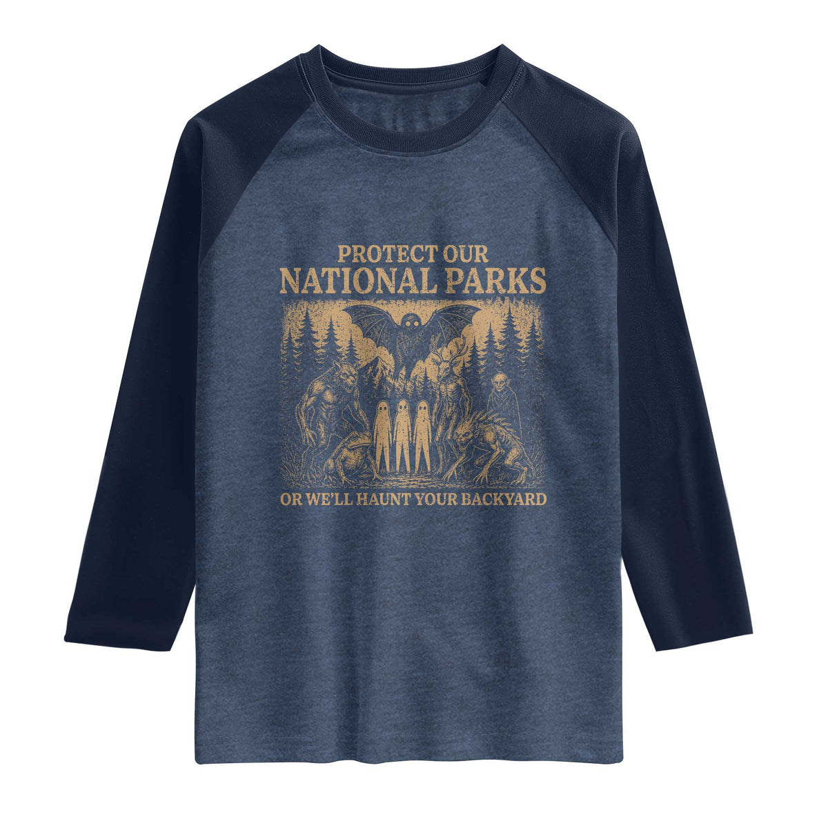 Funny Mothman Protect Our National Parks Raglan Shirt Ghost Wendigo Skull Cryptid Weirdcore Folk Horror TS10 Heather Denim Navy Print Your Wear