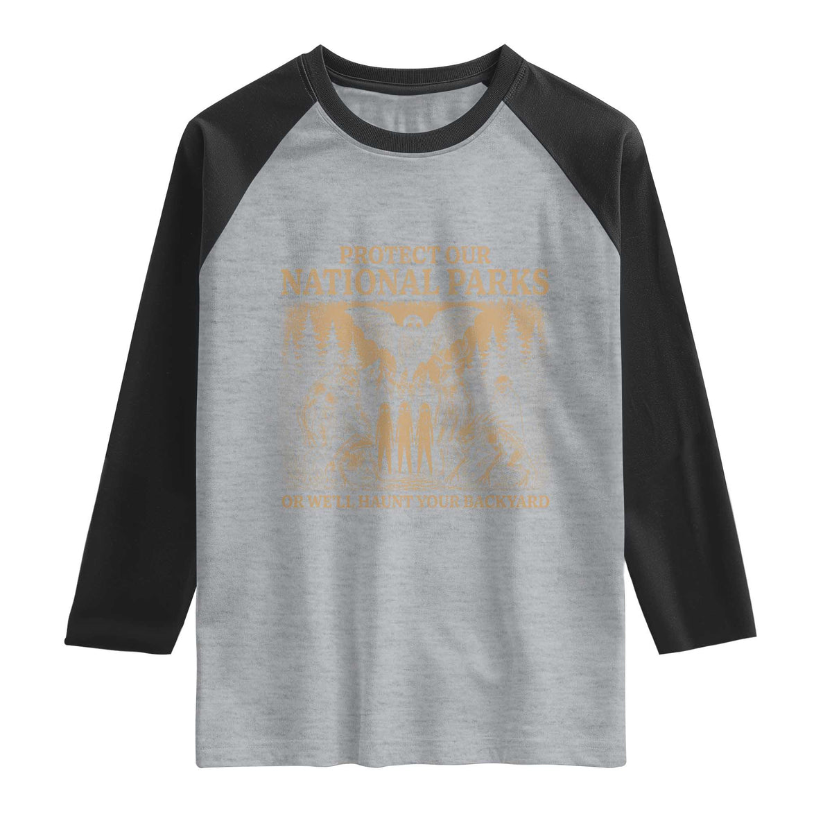 Funny Mothman Protect Our National Parks Raglan Shirt Ghost Wendigo Skull Cryptid Weirdcore Folk Horror TS10 Heather Gray Black Print Your Wear