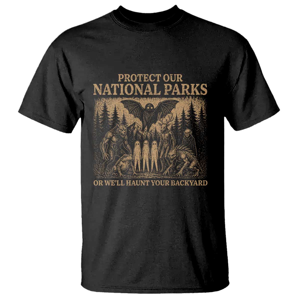 Funny Mothman Protect Our National Parks T Shirt Ghost Wendigo Skull Cryptid Weirdcore Folk Horror TS10 Black Print Your Wear