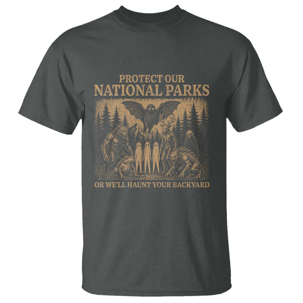 Funny Mothman Protect Our National Parks T Shirt Ghost Wendigo Skull Cryptid Weirdcore Folk Horror TS10 Dark Heather Print Your Wear