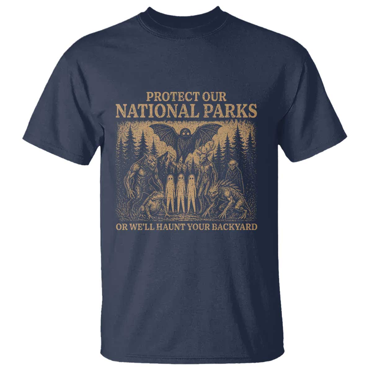 Funny Mothman Protect Our National Parks T Shirt Ghost Wendigo Skull Cryptid Weirdcore Folk Horror TS10 Navy Print Your Wear