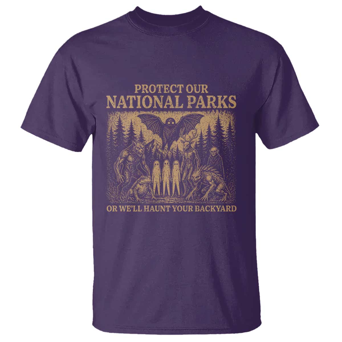 Funny Mothman Protect Our National Parks T Shirt Ghost Wendigo Skull Cryptid Weirdcore Folk Horror TS10 Purple Print Your Wear