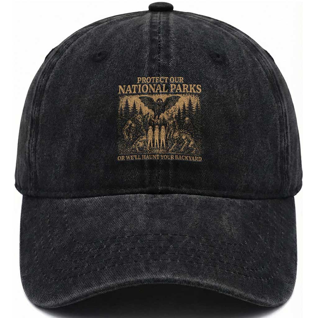 Funny Mothman Protect Our National Parks Washed Cotton Baseball Cap Ghost Wendigo Skull Cryptid Weirdcore Folk Horror TS10 Print Your Wear