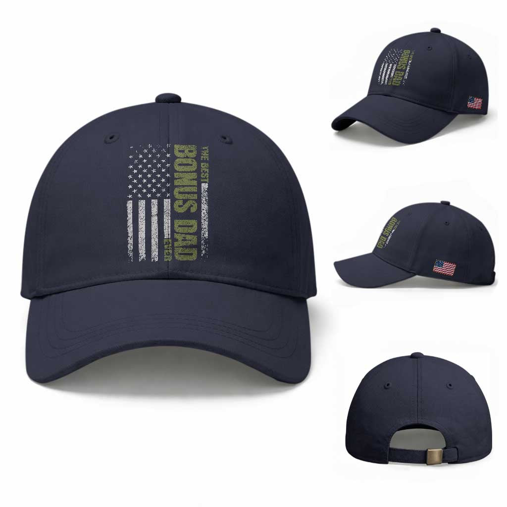 Bonus Dad Baseball Cap American Flag Best Bonus Dad Ever Fathers Day TS10 Baseball Cap Universal Fit Navy Print Your Wear
