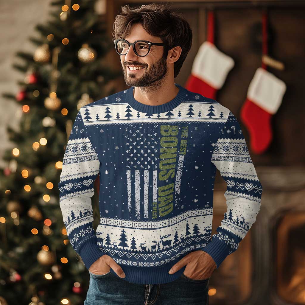 Bonus Dad Ugly Christmas Sweater American Flag Best Bonus Dad Ever Fathers Day TS10 Navy Beige Print Your Wear