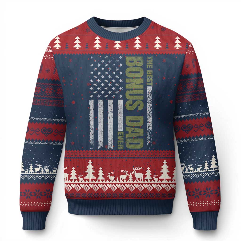 Bonus Dad Ugly Christmas Sweater American Flag Best Bonus Dad Ever Fathers Day TS10 Navy Red Print Your Wear