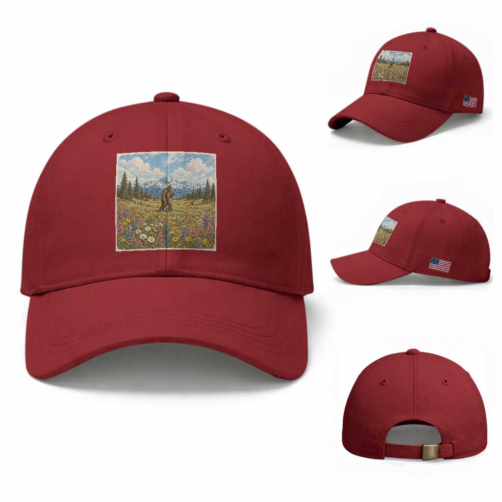 Retro Bigfoot Wildflower Baseball Cap Vintage Sasquatch Funny Cryptid TS10 Baseball Cap Universal Fit Cherry Red Print Your Wear