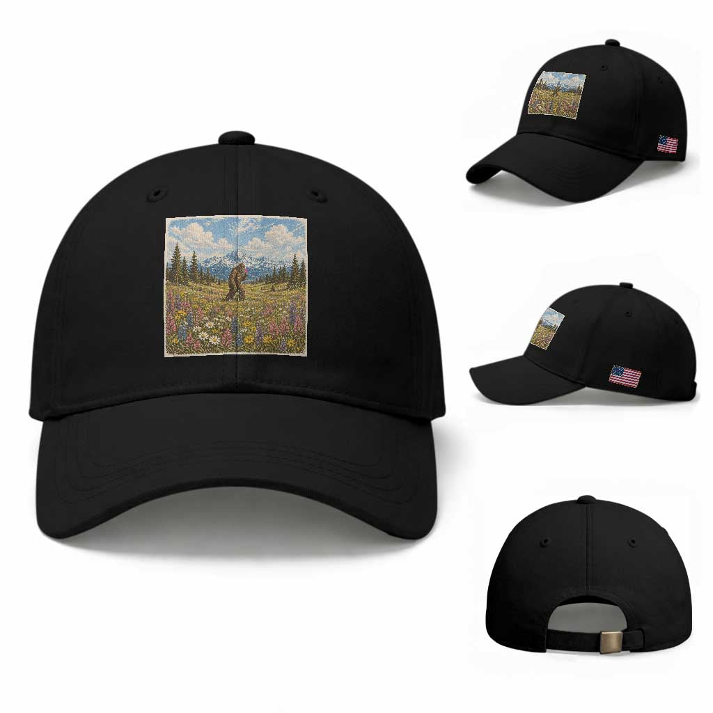 Retro Bigfoot Wildflower Baseball Cap Vintage Sasquatch Funny Cryptid TS10 Baseball Cap Universal Fit Black Print Your Wear