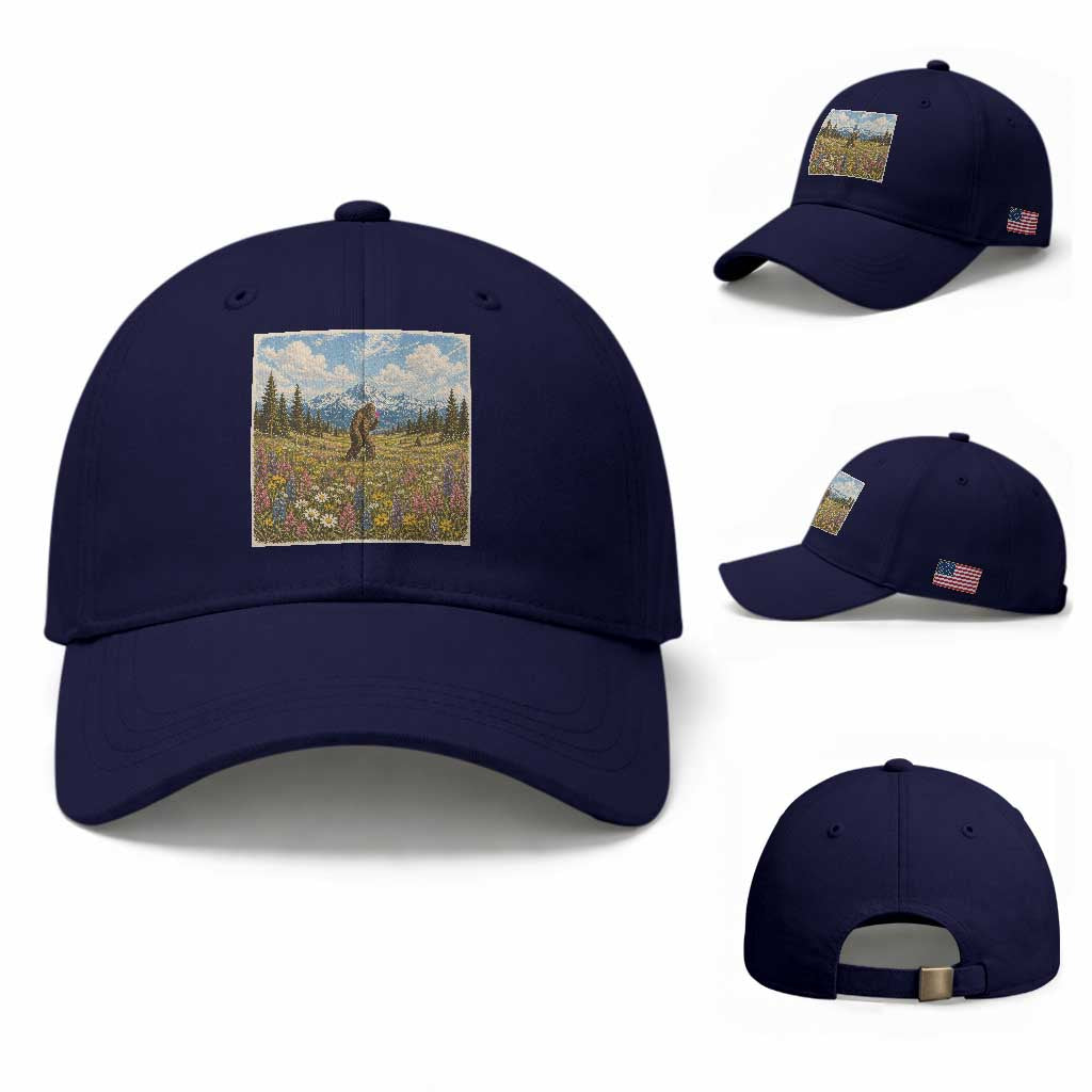 Retro Bigfoot Wildflower Baseball Cap Vintage Sasquatch Funny Cryptid TS10 Baseball Cap Universal Fit Dark Blue Print Your Wear