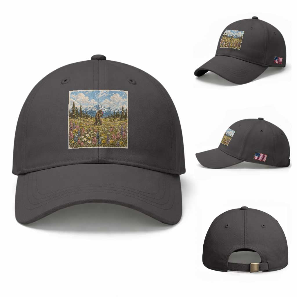 Retro Bigfoot Wildflower Baseball Cap Vintage Sasquatch Funny Cryptid TS10 Baseball Cap Universal Fit Dark Gray Print Your Wear