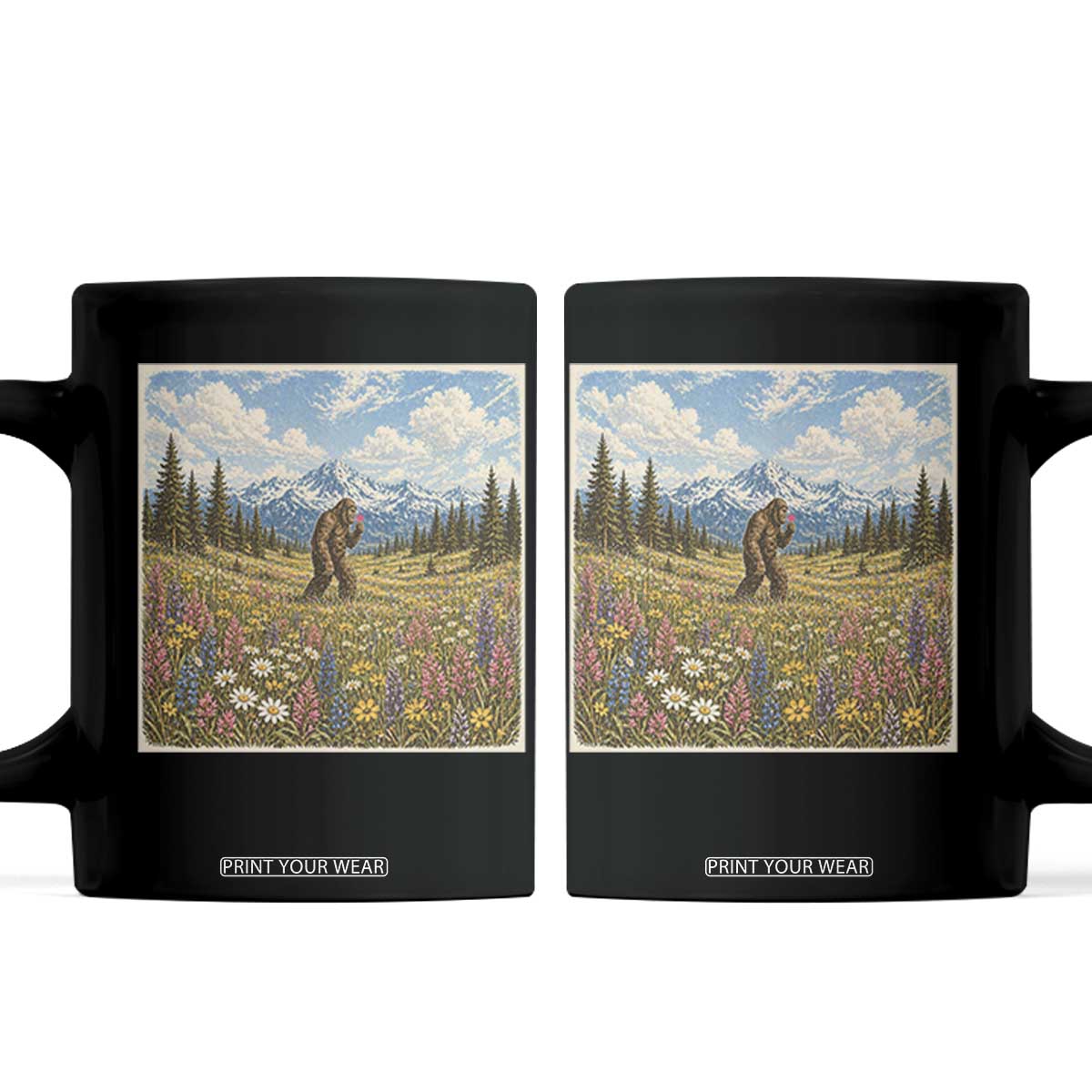 Retro Bigfoot Wildflower Coffee Mug Vintage Sasquatch Funny Cryptid TS10 Black Print Your Wear
