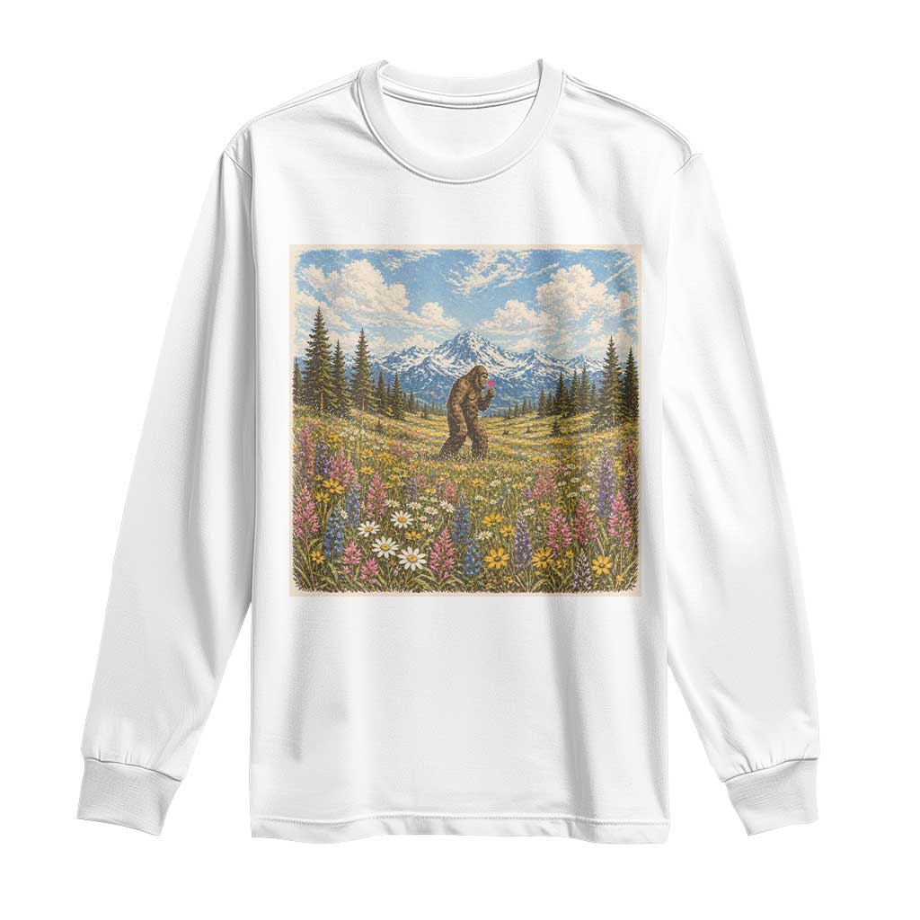 Retro Bigfoot Wildflower Long Sleeve Shirt Vintage Sasquatch Funny Cryptid TS10 White Print Your Wear