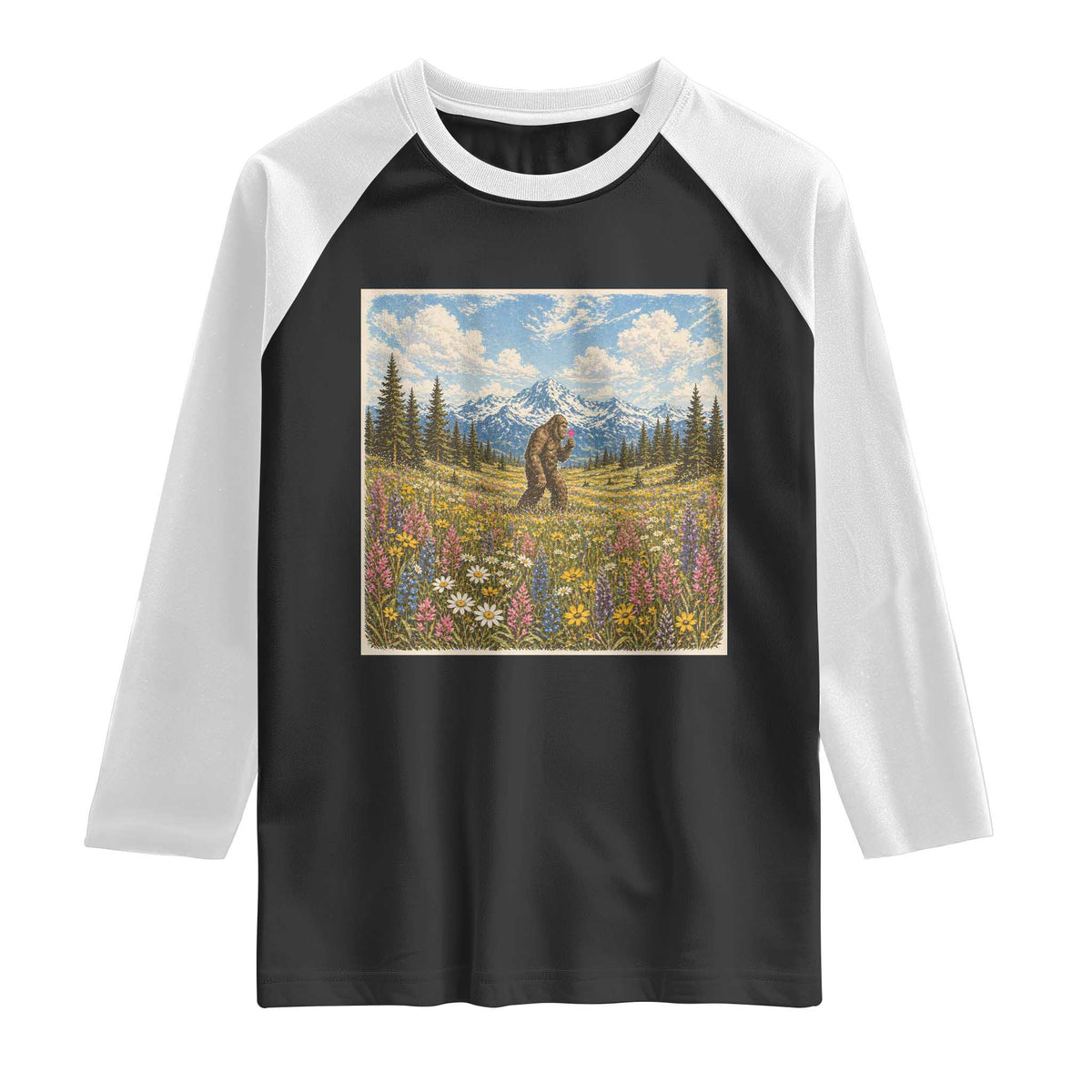 Retro Bigfoot Wildflower Raglan Shirt Vintage Sasquatch Funny Cryptid TS10 Black White Print Your Wear