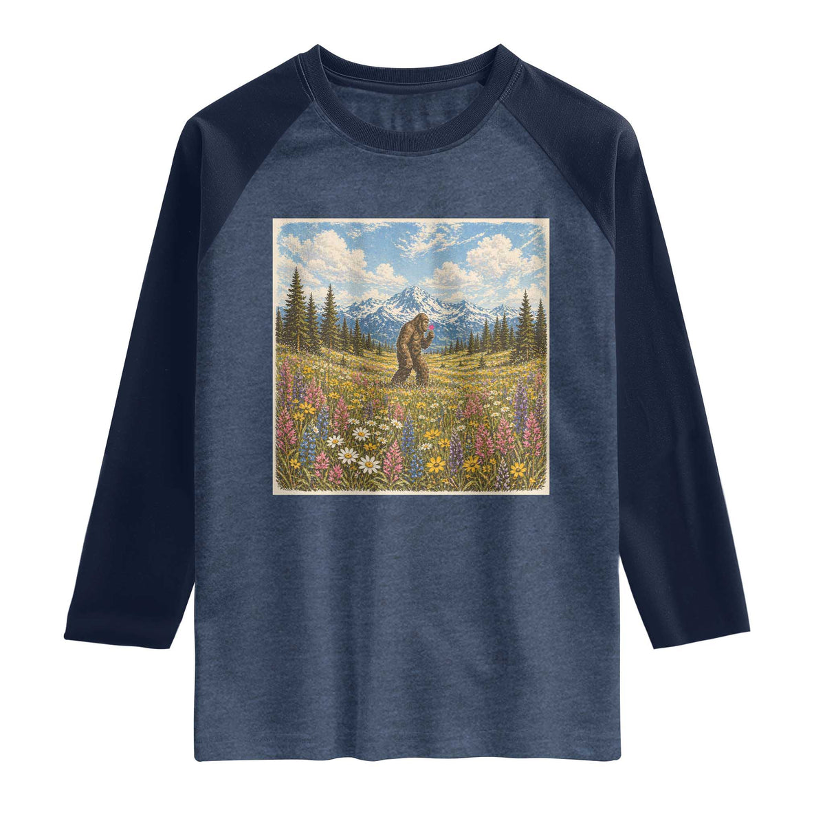 Retro Bigfoot Wildflower Raglan Shirt Vintage Sasquatch Funny Cryptid TS10 Heather Denim Navy Print Your Wear