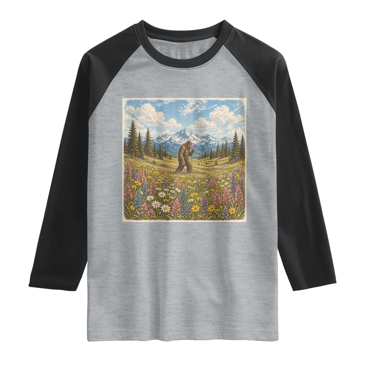 Retro Bigfoot Wildflower Raglan Shirt Vintage Sasquatch Funny Cryptid TS10 Heather Gray Black Print Your Wear