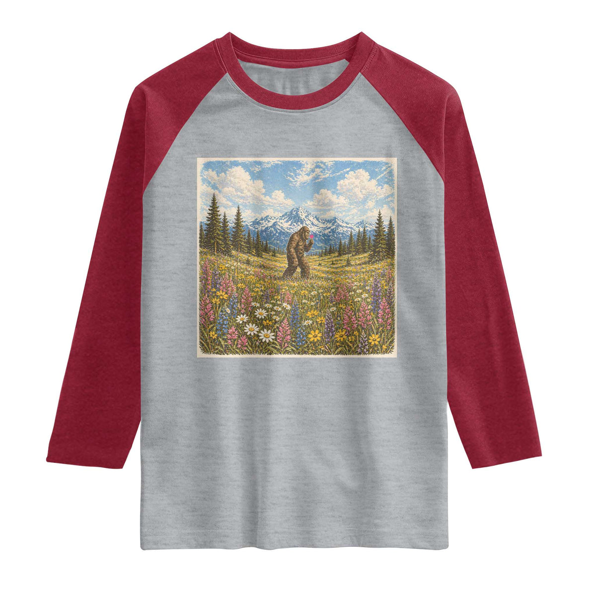 Retro Bigfoot Wildflower Raglan Shirt Vintage Sasquatch Funny Cryptid TS10 Heather Gray Heather Red Print Your Wear