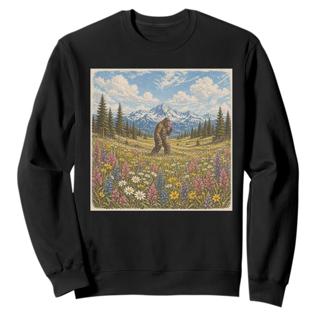 Retro Bigfoot Wildflower Sweatshirt Vintage Sasquatch Funny Cryptid TS10 Black Print Your Wear